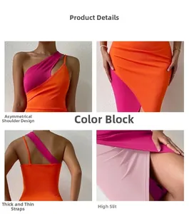 Detail view of ribbed knit dress featuring orange and fuchsia contrast stitching and side slit