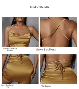Détails de la robe en satin doré avec bretelles croisées dans le dos et coupe ajustée