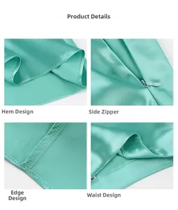 Detail view showing mint green satin fabric sheen with side zipper and hem stitching