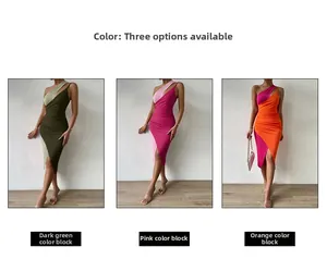 Detail view of bodycon midi dresses with asymmetric shoulder straps and color-block knits