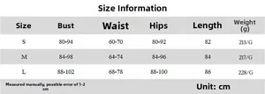Detailed size chart for long sleeve mini dress including chest and waist measurements