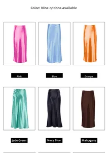 Color options for a silky satin A-line midi skirt in pink, blue, orange, and green