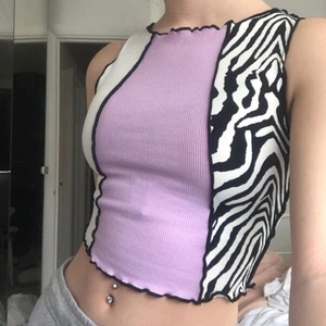 Women's Ribbed Knit Color Block Patchwork Crop Tank Top Zebra Print Lettuce Edge Sleeveless Slim Streetwear Vest Top