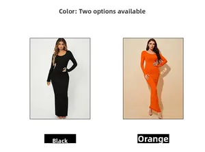 Robe longue moulante à manches longues et col rond en options de couleur noir et orange