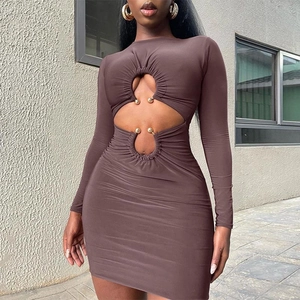 Women Sexy Long Sleeve Cut Out Bodycon Mini Dress Metal Ring Ruched Solid Color Slim Fit Club Party Pencil Dress