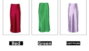 Detailed comparison of red, green, and light purple satin midi skirts with high waist cut