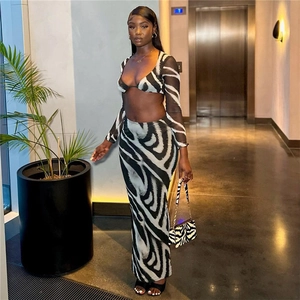 Tenue Femme Imprimé Zèbre Top Court Manches Longues Col V Et Jupe Longue Fendue Taille Haute Sexy