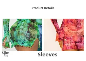 Dettaglio dell'abito in rete floreale con stampa tie-dye e orlo a volant