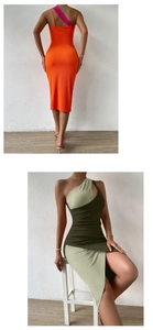 Detail showing ribbed knit texture, asymmetric cut, and side slit on the midi dress