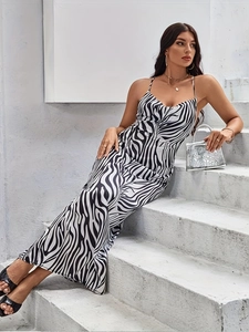 Elegant zebra print halter maxi dress with slim fit backless design for women