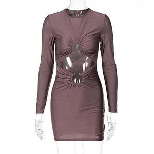 Detail of dark brown bodycon dress showing chest cutout and circular metal ring hardware