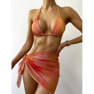 Three-piece bikini set with sunset gradient tie-top and matching mesh sarong cover-up
