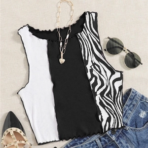 Chic patchwork stripe knit crop top with zebra print and lettuce hem for women