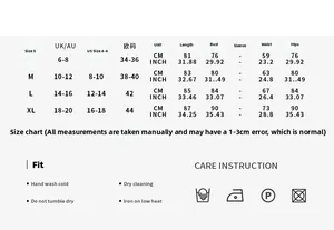 Detailed size chart for the backless knitted mini dress with measurements in S, M, L, XL
