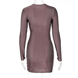 Detail showing the glossy metallic grey-purple fabric and slim fit design of the dress
