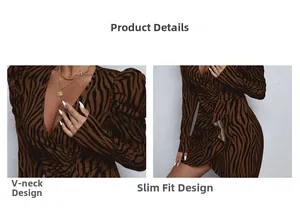 Detail showing the deep V-neckline and animal print pattern on this knit dress