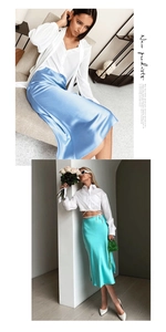 French vintage satin midi skirt in turquoise blue with a silky glossy texture and side tie