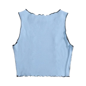 Light blue knit crop top with black lettuce edge trim and ribbed striped texture