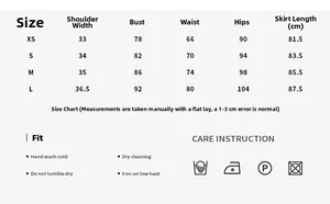 Detailed size chart for V-neck knitted A-line dress with measurements from XS to L