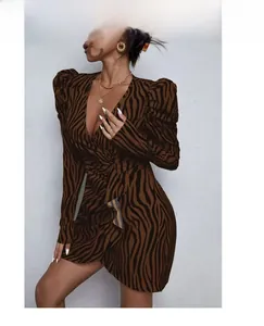 Close-up of zebra print knit dress featuring deep V-neck and puffed sleeve details