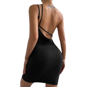 Slim fit black knitted bodycon dress with backless design and thin crisscross straps