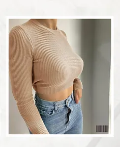 Close-up of khaki ribbed knit crop top with long sleeves and fitted silhouette detail