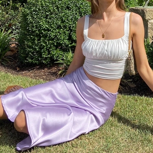 Women Elegant Satin Midi Skirt High Waist Glossy A-Line Skirt Solid Color Silk-Like Casual Commuter Party Skirt
