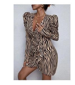 Detailed close-up of zebra print knit dress featuring deep V-neck and ruched waist detail