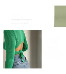 Close-up of grass green ribbed knit fabric and back bow-tie detail on slim crop top