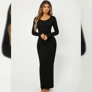 Robe Maxi Sexy en Tricot à Col Rond et Manches Longues pour Femmes Couleur Unie Coupe Moulante Robe de Soirée