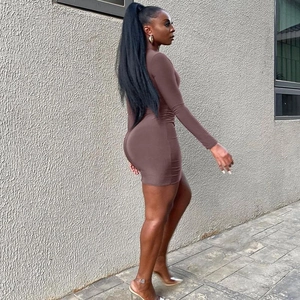 Chocolate long sleeve bodycon mini dress featuring waist side cut-out design and slim fit