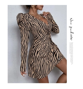 Detail of zebra print wrap dress with V-neckline and retro puff sleeves