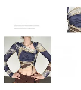 Detail of off-shoulder slim crop top with vintage pattern and side drawstring ties