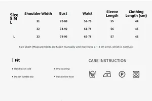 Detailed size chart and care instructions for the long sleeve slim fit crop top