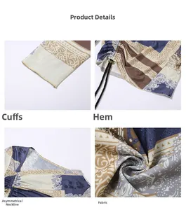 Detailed views of sleeve cuffs, drawstring hem, asymmetric neck and textured print fabric