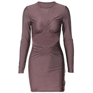 Slim fit long sleeve mini dress in mauve with waist cut-outs and pleated details