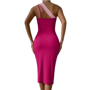 Magenta bodycon midi dress with asymmetrical pink shoulder straps and back slit design