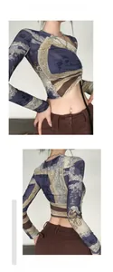 Close-up of slim fit crop top with vintage Baroque print and long sleeves details