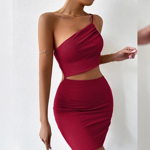 Sexy burgundy one-shoulder ribbed knit dress with waist cutout and bodycon silhouette