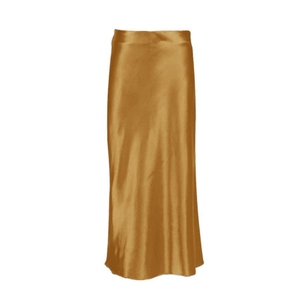 Elegant champagne satin A-line midi skirt with high waist and smooth silk finish