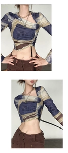 Detail of Y2K mesh top featuring asymmetrical neckline with drawstring ruched sides