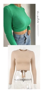 Detail of ribbed knit crop top featuring long sleeves and decorative back bow tie design