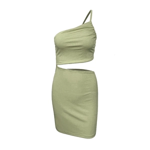Light green one-shoulder knitted bodycon dress with waist cutout and ribbed texture