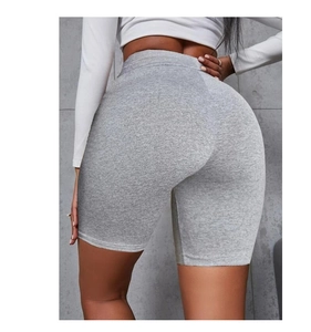 Rückansicht der grauen melierten Yoga-Shorts mit hoher Taille und Push-up-Effekt