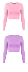 Detail of ribbed knit texture on pink and purple long sleeve slim fit crop tops