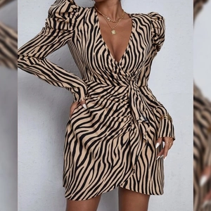 Zebra Print V-Neck Mini Dress For Women Puff Sleeve Ruched Bodycon A-Line Elegant Sexy Short Dress For Party Club Night