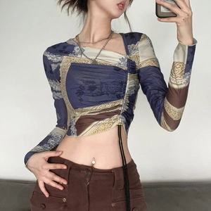 Women Vintage Print Long Sleeve Crop Top Asymmetrical Neck Ruched Side Drawstring Slim Fit Streetwear T-Shirt Blouse