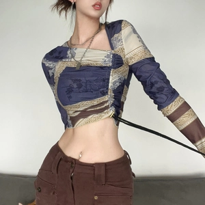 Women vintage print long sleeve crop top with side drawstring and irregular neckline