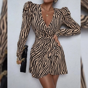 Elegant zebra print v-neck long sleeve dress with waist tie and A-line silhouette