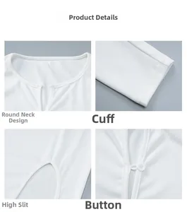 Détails du haut blanc à manches longues avec col rond découpé et fente latérale boutonnée
